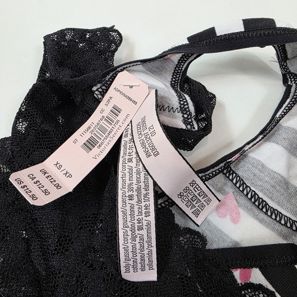 Victoria's Secret women's thong black white stripe heart lace XS - Picture 3 of 4
